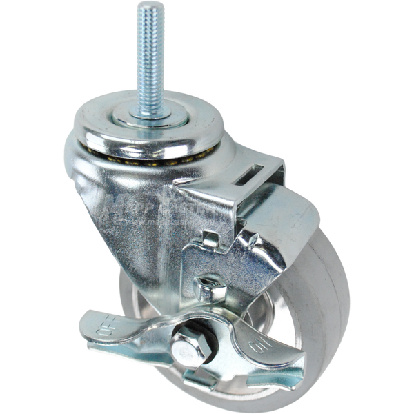 Swivel caster with a top lock brake, a 3.5 inch grey rubber on aluminum wheel and 3/8 inch wide threaded metal stem