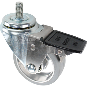 Swivel caster with a face contact brake, a 3.5 inch grey rubber on aluminum wheel and a 1 inch long, 1/2 inch wide threaded metal stem