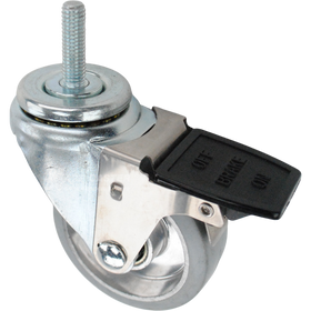 Swivel caster with a face contact brake, a 3.5 inch grey rubber on aluminum wheel and 7/16 inch wide threaded metal stem