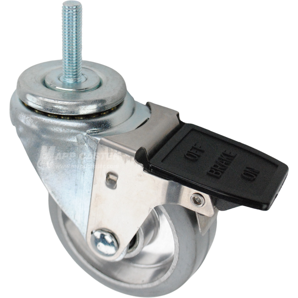 Swivel caster with a face contact brake, a 3.5 inch grey rubber on aluminum wheel and 10mm wide threaded metal stem