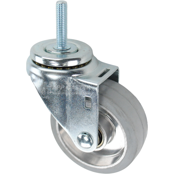 Swivel caster with a 3.5 inch grey rubber on aluminum wheel and 3/8 inch wide threaded metal stem