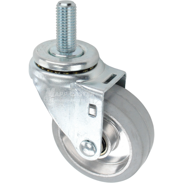 Swivel caster with a 3.5 inch grey rubber on aluminum wheel and 3/4 inch wide threaded metal stem