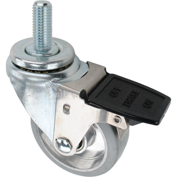 Swivel caster with a face contact brake, a 3.5 inch grey rubber on aluminum wheel and 3/4 inch wide threaded metal stem