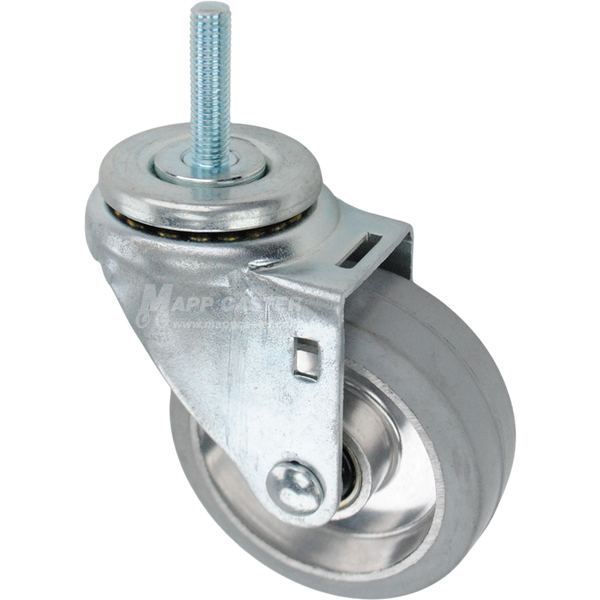 Swivel caster with a 3.5 inch grey rubber on aluminum wheel and 10mm wide threaded metal stem