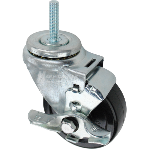 Swivel caster with top lock brake, a 3.5 inch black soft rubber wheel and 10mm wide threaded metal stem