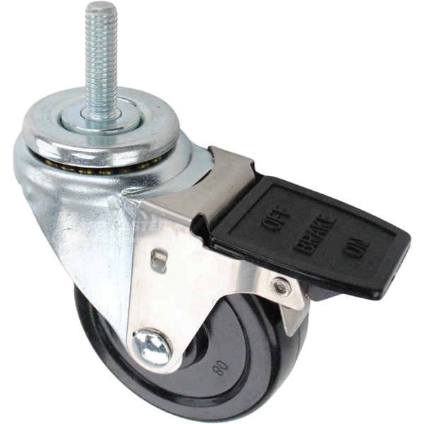 Swivel caster with face contact brake, a 3.5 inch black soft rubber wheel and 7/16 inch wide threaded metal stem