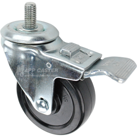 Swivel caster with a total lock brake, a 3.5 inch black soft rubber wheel and a 1 inch long, 1/2 inch wide threaded metal stem