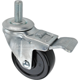 Swivel caster with a total lock brake, a 3.5 inch black soft rubber wheel and 16mm wide threaded metal stem