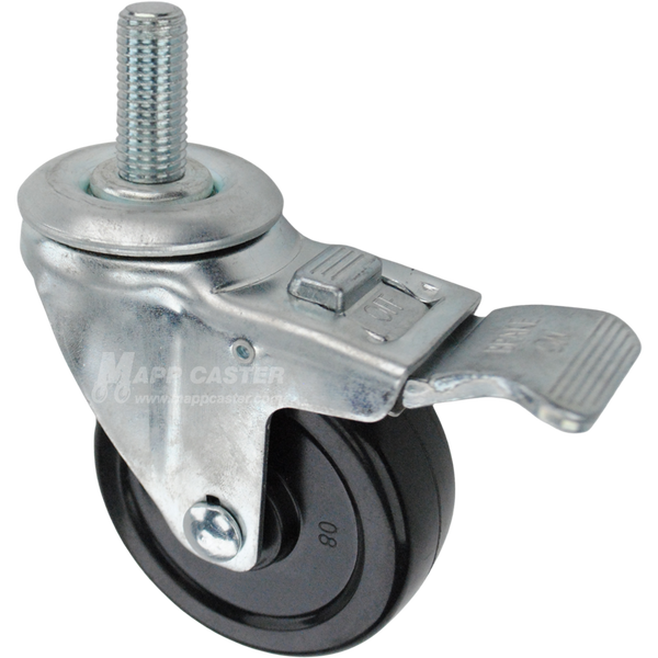 Swivel caster with a total lock brake, a 3.5 inch black soft rubber wheel and 16mm wide threaded metal stem
