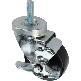 Swivel caster with a top lock brake, a 3.5 inch black hard rubber wheel and a 1-1/2 inch long, 1/2 inch wide threaded metal stem