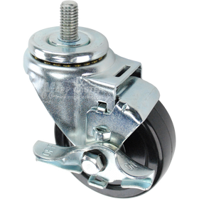 Swivel caster with top lock brake, a 3.5 inch black soft rubber wheel and a 1 inch long, 1/2 inch wide threaded metal stem