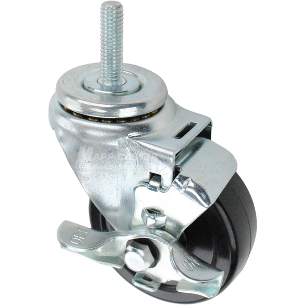 Swivel caster with top lock brake, a 3.5 inch black soft rubber wheel and 7/16 inch wide threaded metal stem