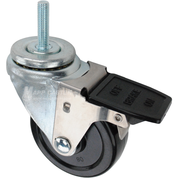 Swivel caster with face contact brake, a 3.5 inch black soft rubber wheel and 10mm wide threaded metal stem