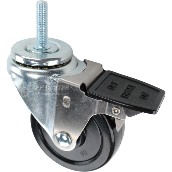 Swivel caster with face contact brake, a 3.5 inch black soft rubber wheel and 3/8 inch wide threaded metal stem