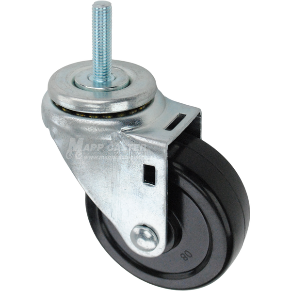 Swivel caster with a 3.5 inch black soft rubber wheel and 10mm wide threaded metal stem