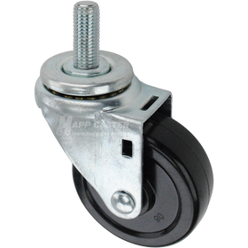 Swivel caster with a 3.5 inch black soft rubber wheel and 16mm wide threaded metal stem