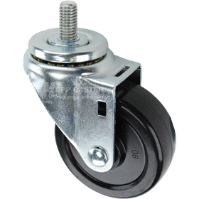 Swivel caster with a 3.5 inch black soft rubber wheel and 1 inch long, 1/2 inch wide threaded metal stem