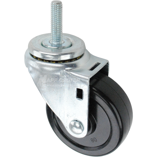 Swivel caster with a 3.5 inch black soft rubber wheel and 7/16 inch wide threaded metal stem