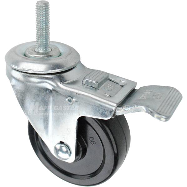 Swivel caster with a total lock brake, a 3.5 inch black soft rubber wheel and 7/16 inch wide threaded metal stem