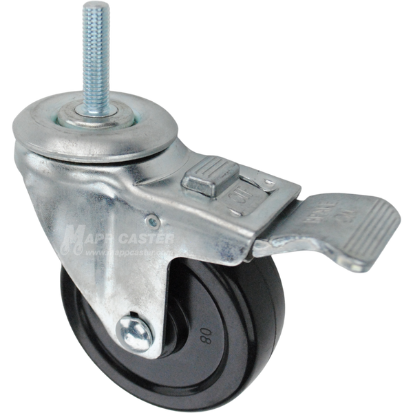 Swivel caster with a total lock brake, a 3.5 inch black soft rubber wheel and 10mm wide threaded metal stem