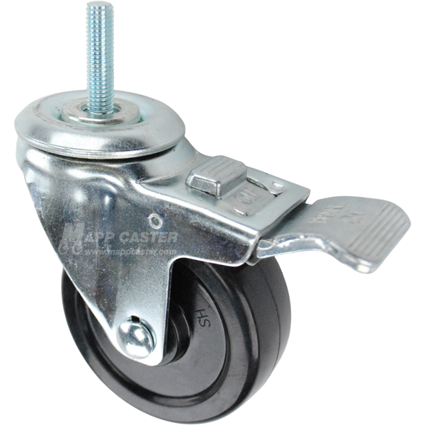 Swivel caster with a total lock brake, a 3.5 inch black soft rubber wheel and 3/8 inch wide threaded metal stem
