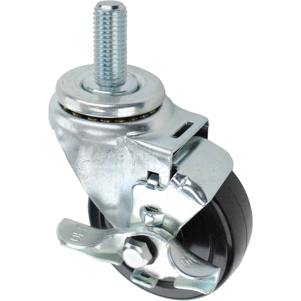 Swivel caster with top lock brake, a 3.5 inch black soft rubber wheel and 3/4 inch wide threaded metal stem