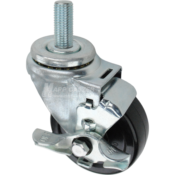 Swivel caster with top lock brake, a 3.5 inch black soft rubber wheel and 20mm wide threaded metal stem