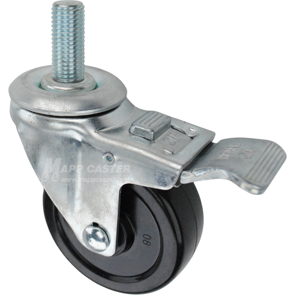 Swivel caster with a total lock brake, a 3.5 inch black soft rubber wheel and 20mm wide threaded metal stem