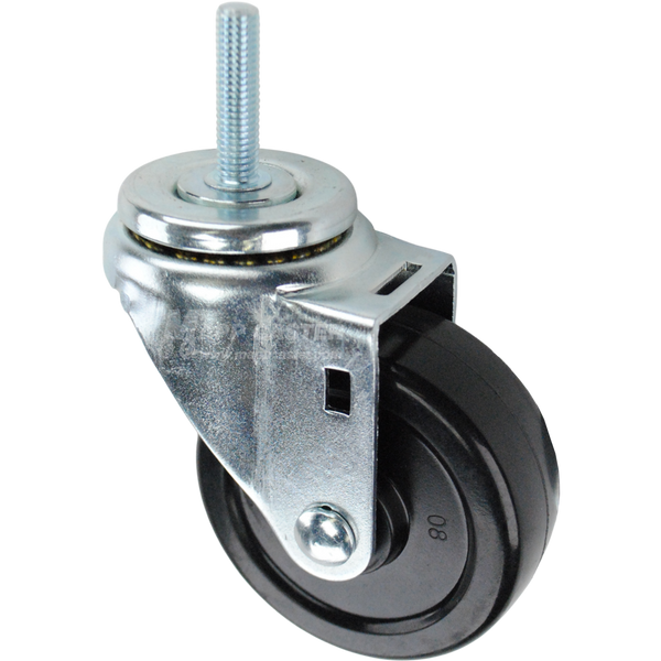 Swivel caster with a 3.5 inch black soft rubber wheel and 3/8 inch wide threaded metal stem