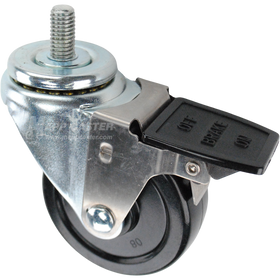 Swivel caster with face contact brake, a 3.5 inch black soft rubber wheel and a 1 inch long, 1/2 inch wide threaded metal stem