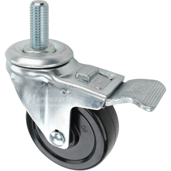 Swivel caster with a total lock brake, a 3.5 inch black soft rubber wheel and 3/4 inch wide threaded metal stem