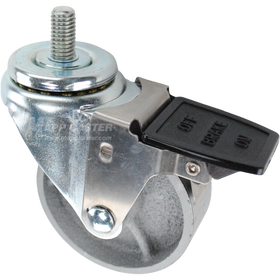 Caster wheel with a face contact brake, a 3.5 inch silver steel wheel and a 1 inch long, 1/2 inch metal threaded stem
