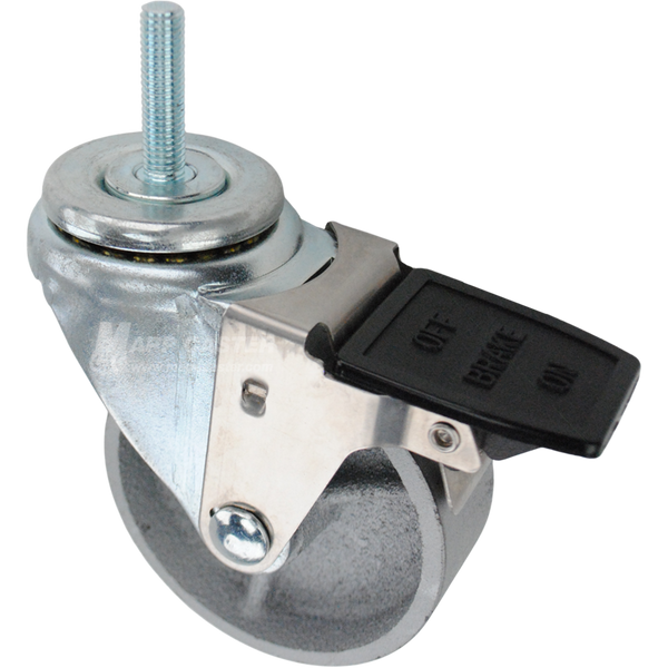 Caster wheel with a face contact brake, a 3.5 inch silver steel wheel and 10mm metal threaded stem