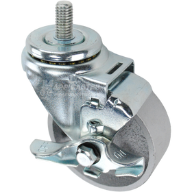 Swivel caster with a top lock brake, a 3.5 inch silver steel wheel and a 1 inch long, 1/2 inch wide threaded metal stem