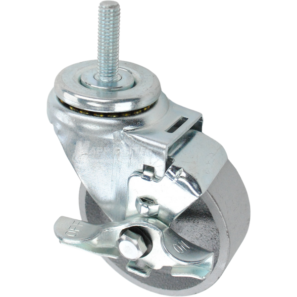 Swivel caster with a top lock brake, a 3.5 inch silver steel wheel and 7/16 inch wide threaded metal stem