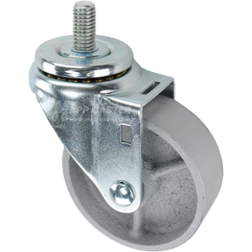 Swivel caster with a 3.5 inch silver steel wheel and a 1 inch long, 1/2 inch wide threaded metal stem