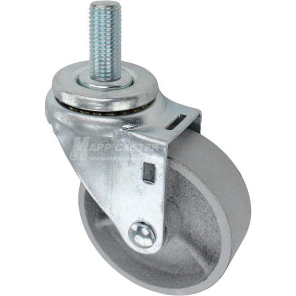 Swivel caster with a 3.5 inch silver steel wheel and 20mm wide threaded metal stem