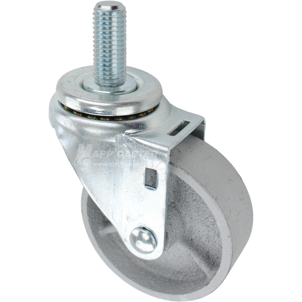 Swivel caster with a 3.5 inch silver steel wheel and 3/4 inch wide threaded metal stem
