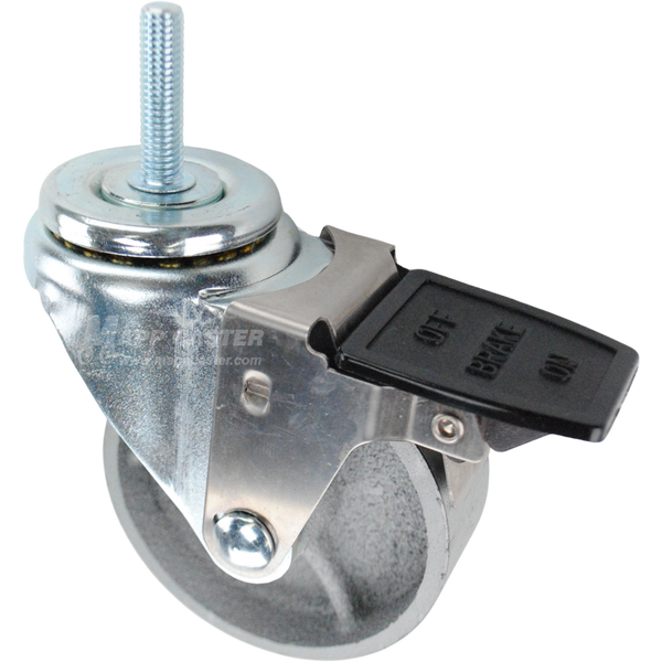 Caster wheel with a face contact brake, a 3.5 inch silver steel wheel and 3/8 inch metal threaded stem