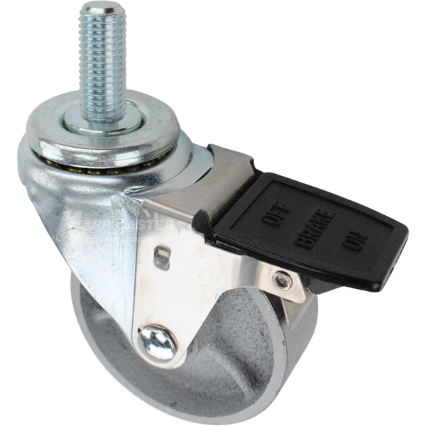 Caster wheel with a face contact brake, a 3.5 inch silver steel wheel and 3/4 inch metal threaded stem