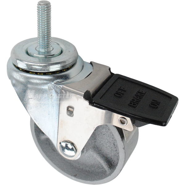 Caster wheel with a face contact brake, a 3.5 inch silver steel wheel and 7/16 inch metal threaded stem