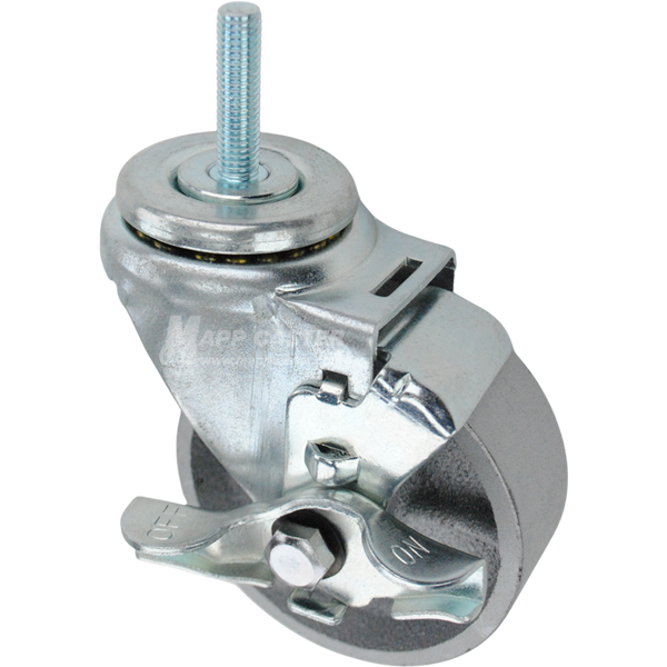 Swivel caster with a top lock brake, a 3.5 inch silver steel wheel and 10mm wide threaded metal stem