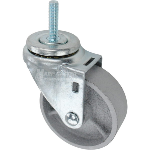 Swivel caster with a 3.5 inch silver steel wheel and 10mm wide threaded metal stem