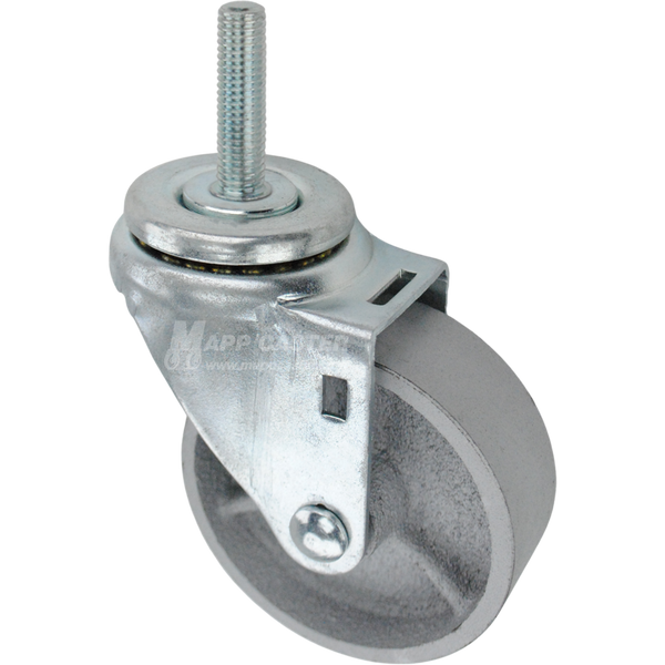 Swivel caster with a 3.5 inch silver steel wheel and 12mm wide threaded metal stem