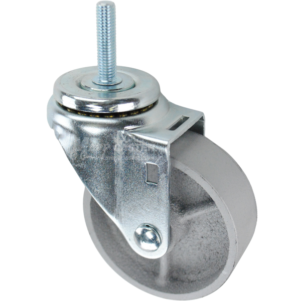 Swivel caster with a 3.5 inch silver steel wheel and 3/8 inch wide threaded metal stem