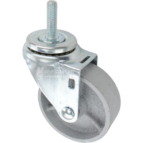 Swivel caster with a 3.5 inch silver steel wheel and 7/16 inch wide threaded metal stem