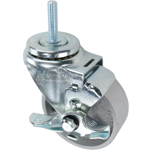 Swivel caster with a top lock brake, a 3.5 inch silver steel wheel and 3/8 inch wide threaded metal stem