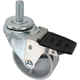 Caster wheel with a face contact brake, a 3.5 inch silver steel wheel and 16mm metal threaded stem