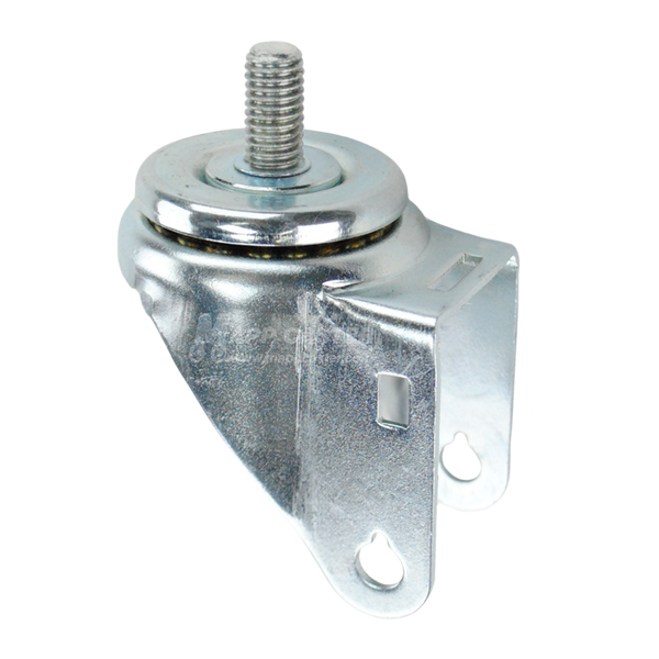 A bright zinc plated swivel caster rig for 3.5 inch wheels with a 1 inch long, 1/2-inch threaded stem, showing a double ball raceway
