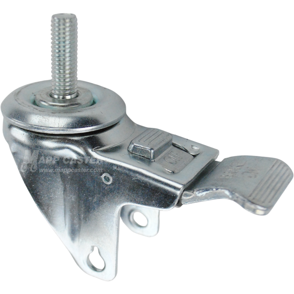 A bright zinc plated swivel caster rig with a total lock brake and a 1-1/2 inch long, 1/2 inch wide threaded stem, showing a double ball raceway.